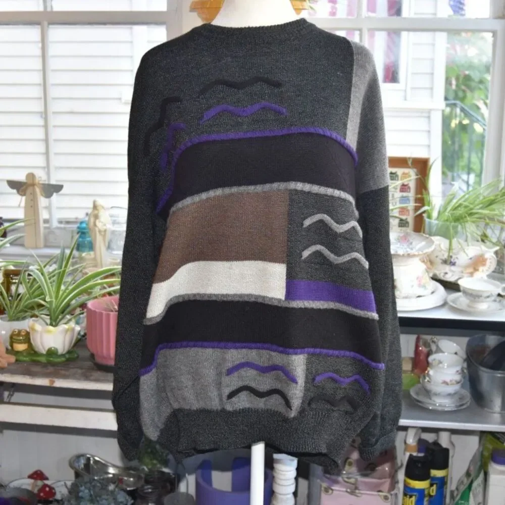 Vintage 90s Enrico Uomo Italy Wool Blend Abstract Art Knit Sweater XXL